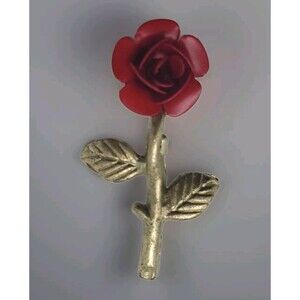 Vintage Brooch Single Red Rose Gold Tone Stem & Leaf  Open Flower Pin